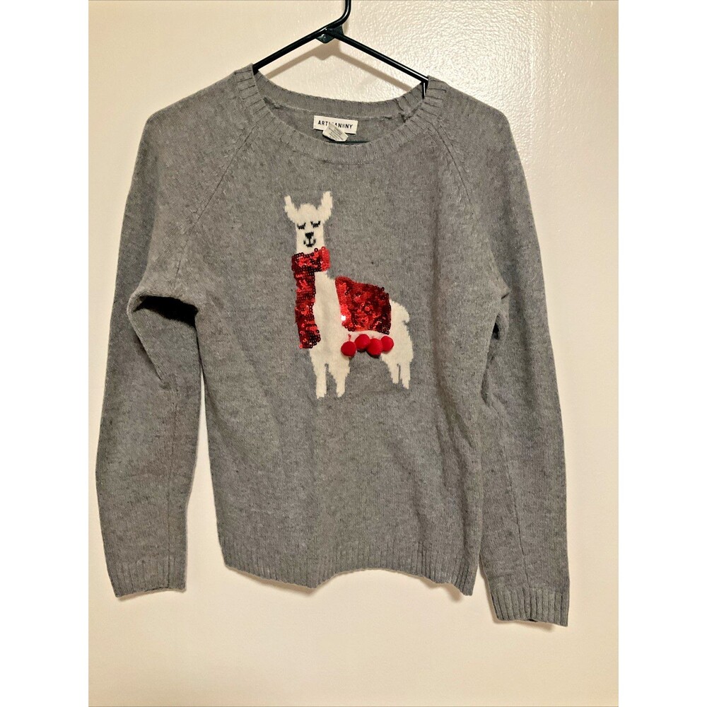 Artisan NY Women’s M Gray Sparkle Llama Christmas Sweater Merino Wool